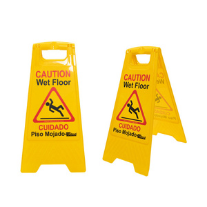 Plastic 24 inch Double Side Yellow Caution Wet Floor Sign Bilingual Foldable Sturdy Warning Sign for Commercial Use