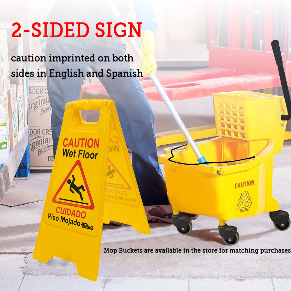 Plastic 24 inch Double Side Yellow Caution Wet Floor Sign Bilingual Foldable Sturdy Warning Sign for Commercial Use