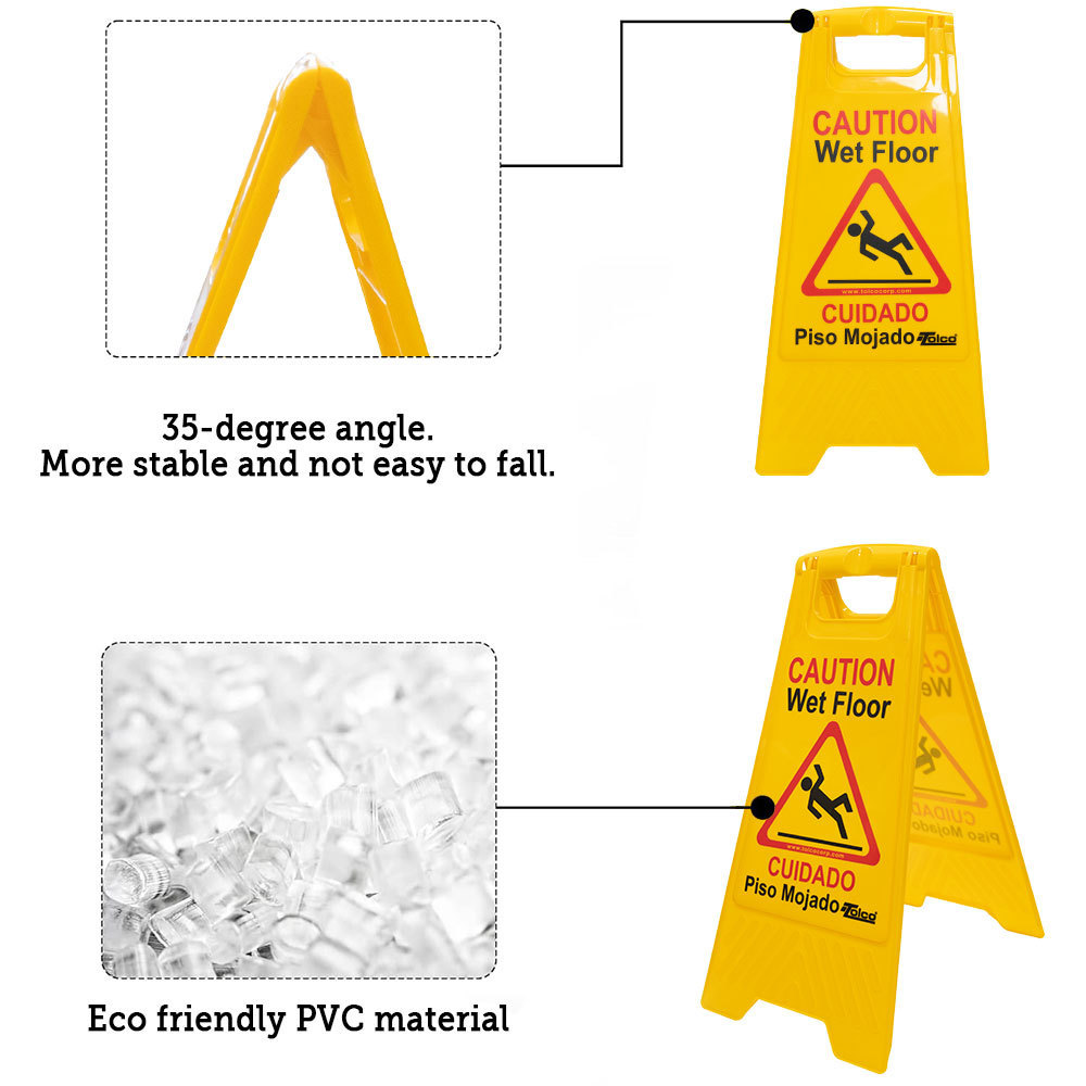 Plastic 24 inch Double Side Yellow Caution Wet Floor Sign Bilingual Foldable Sturdy Warning Sign for Commercial Use