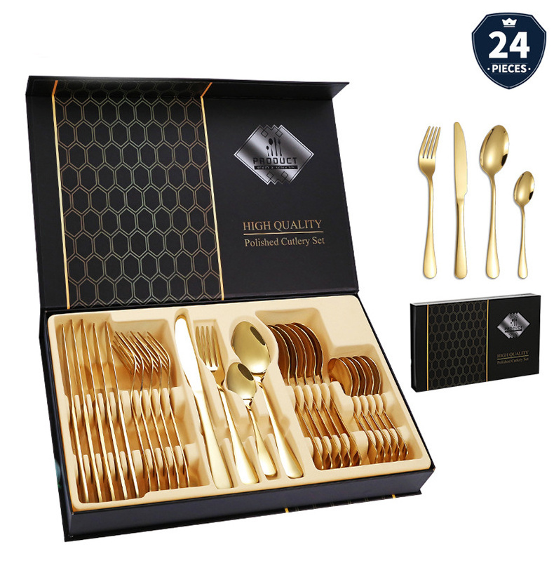 Top Seller luxury 24 pcs gold silverware cutlery set spoon and fork knife set golden portable stainless steel 24Pcs Cutlery Set