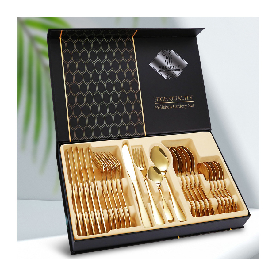 Top Seller luxury 24 pcs gold silverware cutlery set spoon and fork knife set golden portable stainless steel 24Pcs Cutlery Set