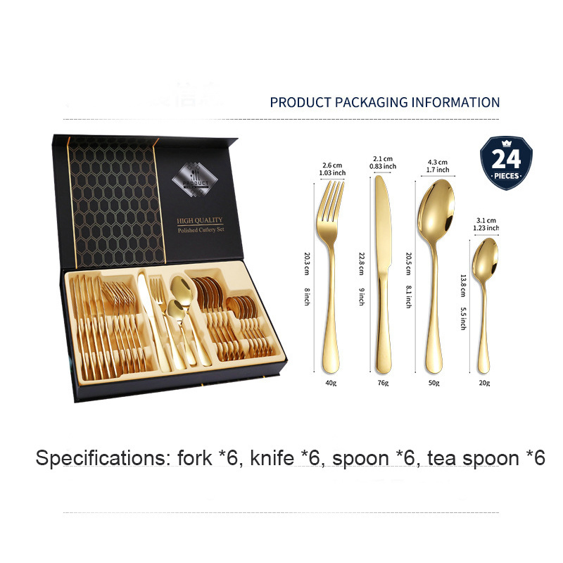 Top Seller luxury 24 pcs gold silverware cutlery set spoon and fork knife set golden portable stainless steel 24Pcs Cutlery Set