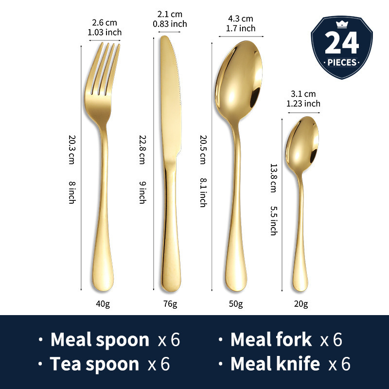 Top Seller luxury 24 pcs gold silverware cutlery set spoon and fork knife set golden portable stainless steel 24Pcs Cutlery Set