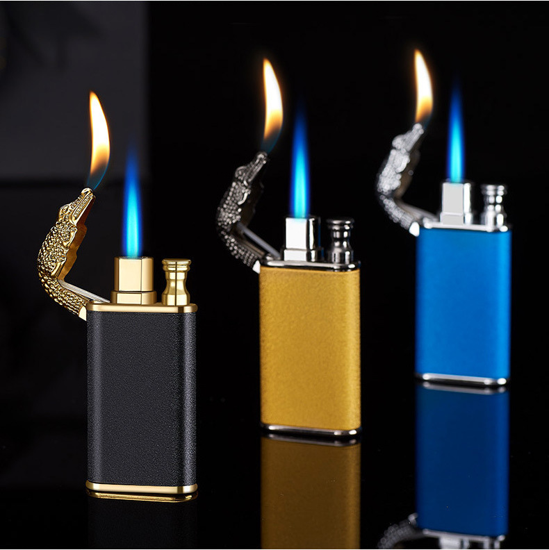 Wholesale frosted crocodile dolphin model metal butane lighter dual flame cigar cigarette lighter custom Logo