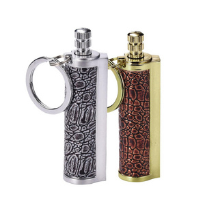 Wholesale leather wrapped metal rod keychain matching lighter waterproof kerosene oil lighter