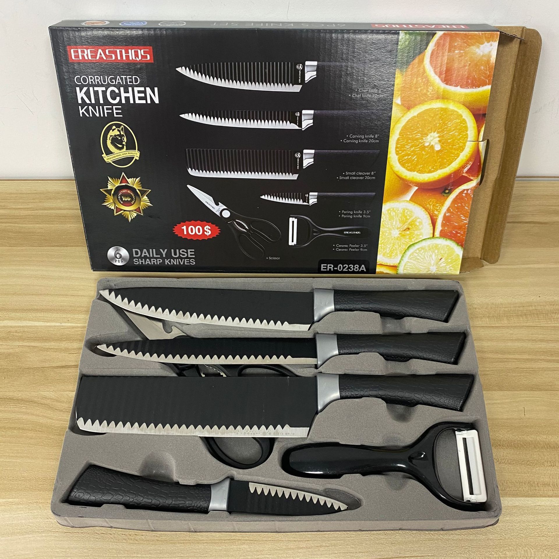 Kitchen Restaurant Gift Multi-function Non-stick Stainless Steel Wave Pattern Six-piece Set Peeler Chef Cooking Knife Set