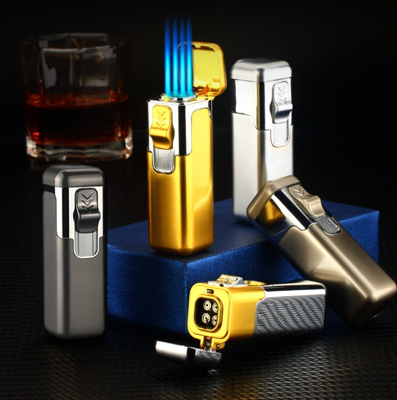 Custom Logo Refillable Gas 4 Straight Flame Jet Torch Lighter Windproof Jet Flame Gas Cigar Torch Business Gift Lighter