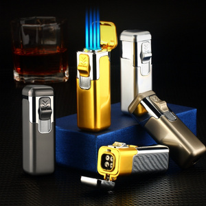 Custom Logo Refillable Gas 4 Straight Flame Jet Torch Lighter Windproof Jet Flame Gas Cigar Torch Business Gift Lighter