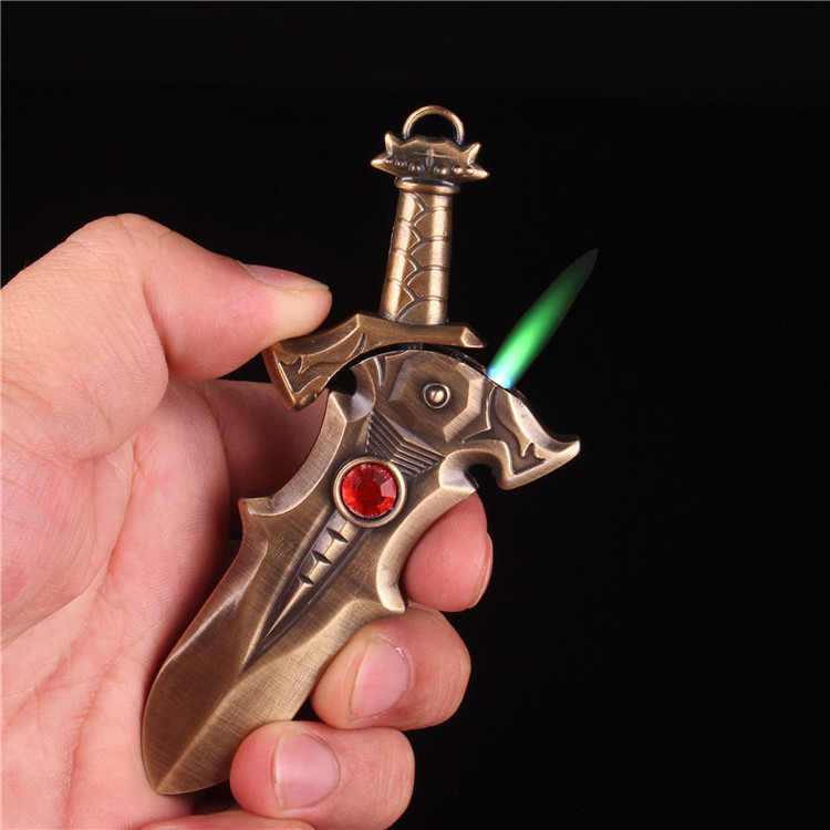 New exotic creative personality green flame metal model knife and sword windproof gas butane cigarette lighter