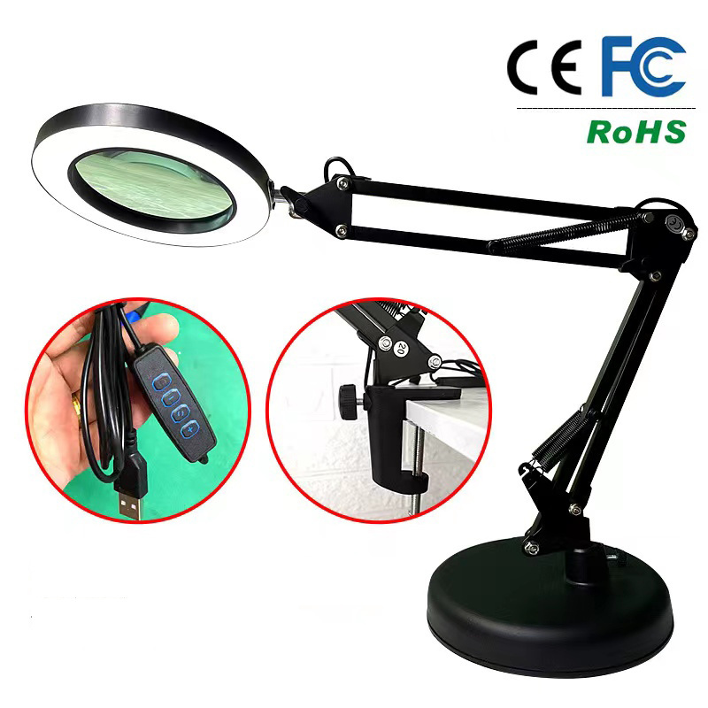 CSX Magnifier Lamp USB Clip-on Table Lamp Adjustable Swing Arm LED Magnifying Desk Lamp Glass Light with Clamp