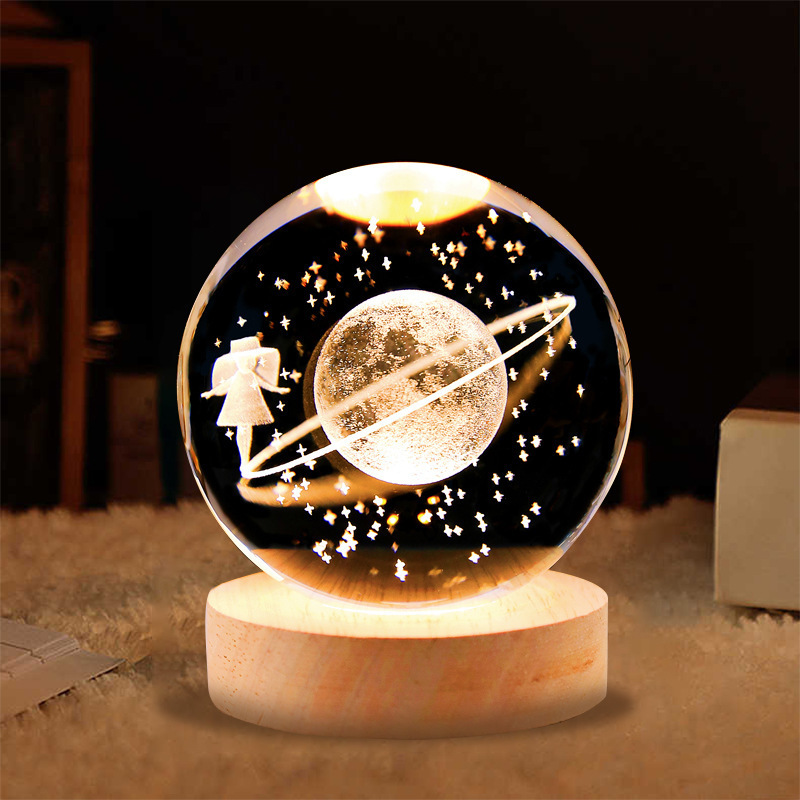 Hot Sale Wooden Bottom Galaxi Star Bedside Lights 3d Glass Crystal Ball Led Neon Moon Lamp For Bedroom Kids Girlfriends Gifts