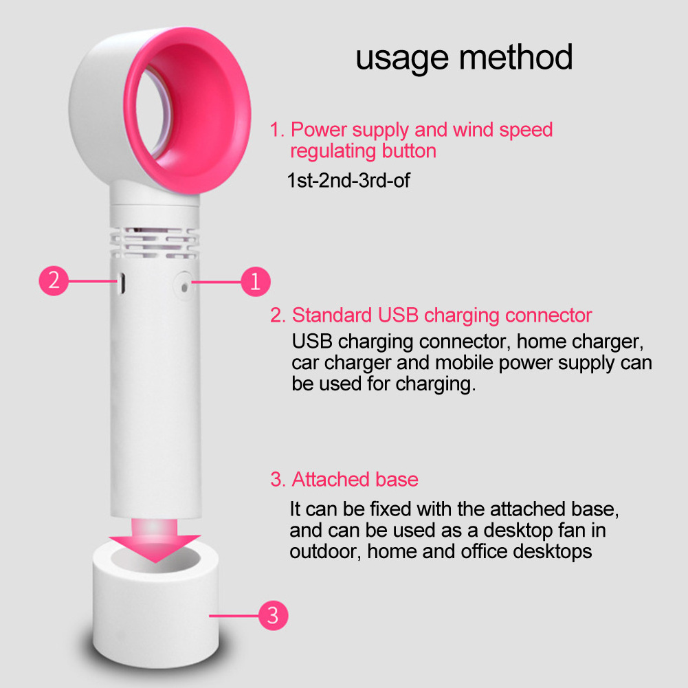 Rechargeable Bladeless Fan Portable Handheld Leafless Cooling USB Mini Fan Desktop stand fan with 3 speeds