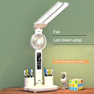 Foldable LED Desk fan Lamp Multifunction Table Lamp Calendar Touch Night Light with Pen Holder for Bedroom Study Reading Lamp