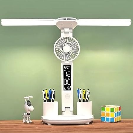 Foldable LED Desk fan Lamp Multifunction Table Lamp Calendar Touch Night Light with Pen Holder for Bedroom Study Reading Lamp