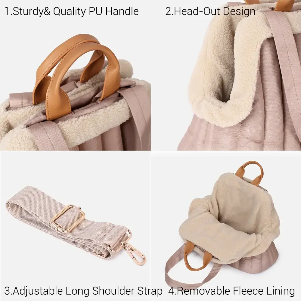 Luxury Dog Carrier with Thicken Removable Fleece Lining Winter Warm Quilted Head-Out Carrier Bag for Cats Small Dogs Tote Purse