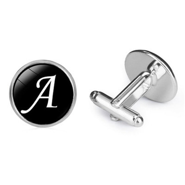 Custom Engraved letters A to Z Alphabet Time Stone French Cufflinks Silver Men's Shirt Cufflinks