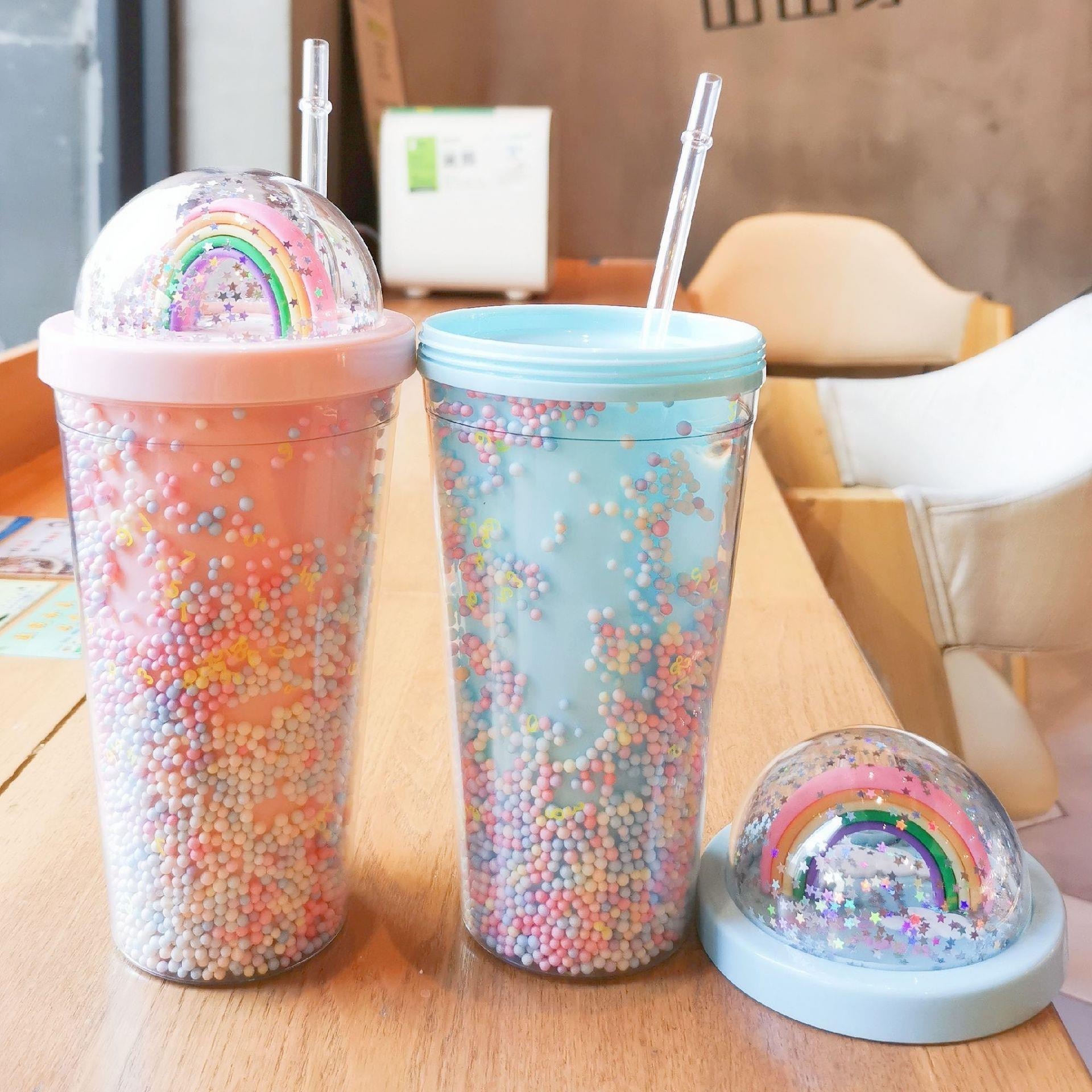 Plastic Cups with Straws and Lids Dishwasher Safe BPA Free Coffee Cup Fun Designs Rainbow juice  Water Cup customization