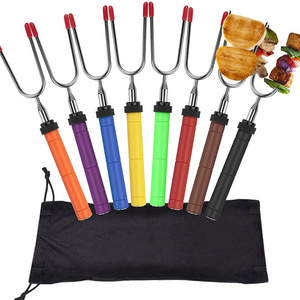 BBQ Forks Stainless Steel Smore Skewers with Wooden Handle, Telescoping Smores Roasting Sticks for Fire Pit