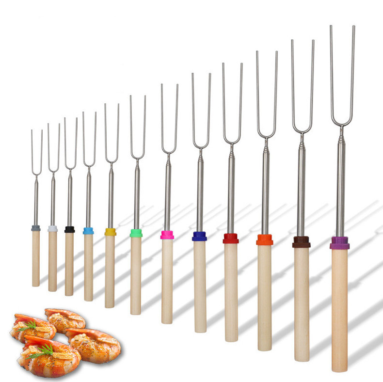 BBQ Forks Stainless Steel Smore Skewers with Wooden Handle, Telescoping Smores Roasting Sticks for Fire Pit