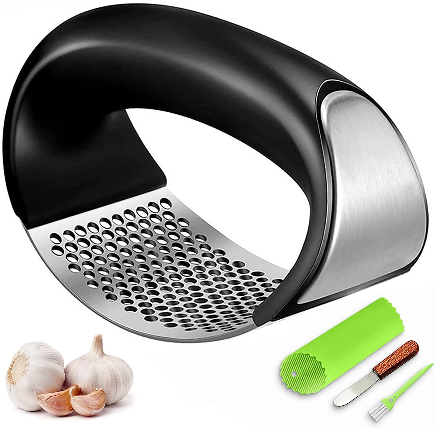 Stainless Steel Garlic Mincer  Crusher New Innovative  Presser Garlic Chopper with Peeler and Scraper for Smash Garlic