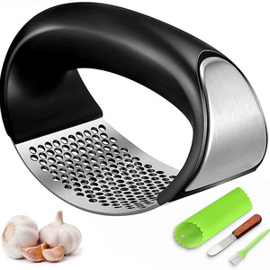 Garlic Press Rocker Stainless Steel Mincer Crusher, New Innovative Garlic Chopper with Peeler and Scraper