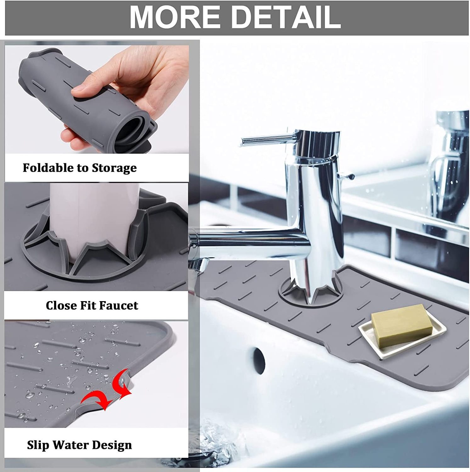 Silicone Sink Faucet Backsplash Guard, Absorbent Faucet Splash Catcher, Foldable Sink Draining Mat for Kitchen and Bathroom