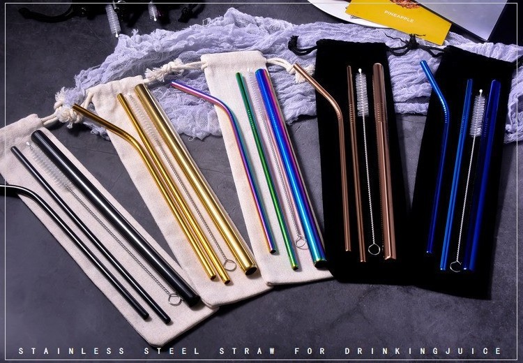 Hot Sale Set of 5 Reusable Stainless Steel Metal Straws Drinking Straw