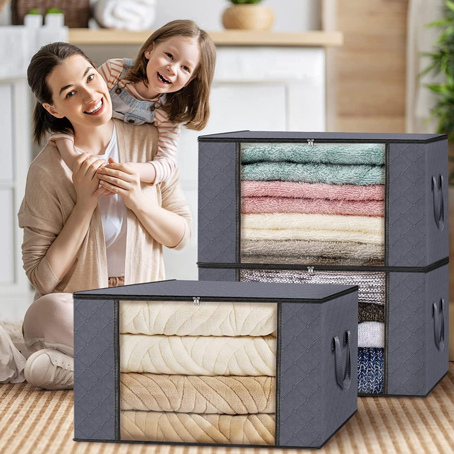 Clothes Storage Foldable Blanket Storage Bags,for Organizing Bedroom,Clothing,Organization and Storage with Lids and Handle