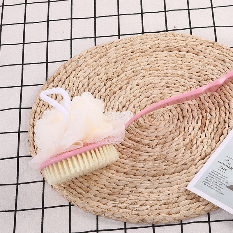 Shower Body Brush with Bristles and Loofah, Bath Mesh Sponge with Curved Long Handle for Skin Exfoliating Bath