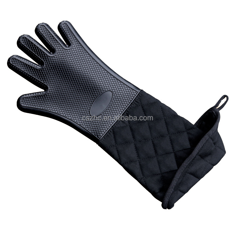 Extra Long 60cm Household BBQ Grill Oven Mitts, Heat Resistant Honeycomb Silicone Cotton Gloves