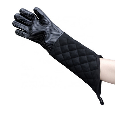 Extra Long 60cm Household BBQ Grill Oven Mitts, Heat Resistant Honeycomb Silicone Cotton Gloves