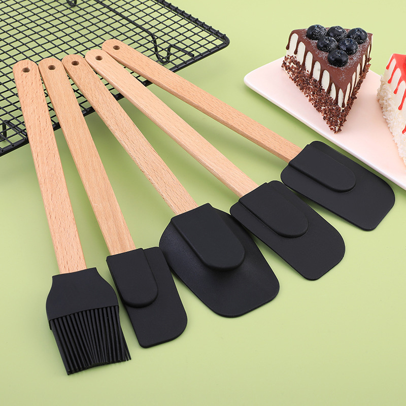 Custom Heat Resistant Kitchen Utensil Tools Wooden Handle Silicone Spatula Set for Cooking Baking