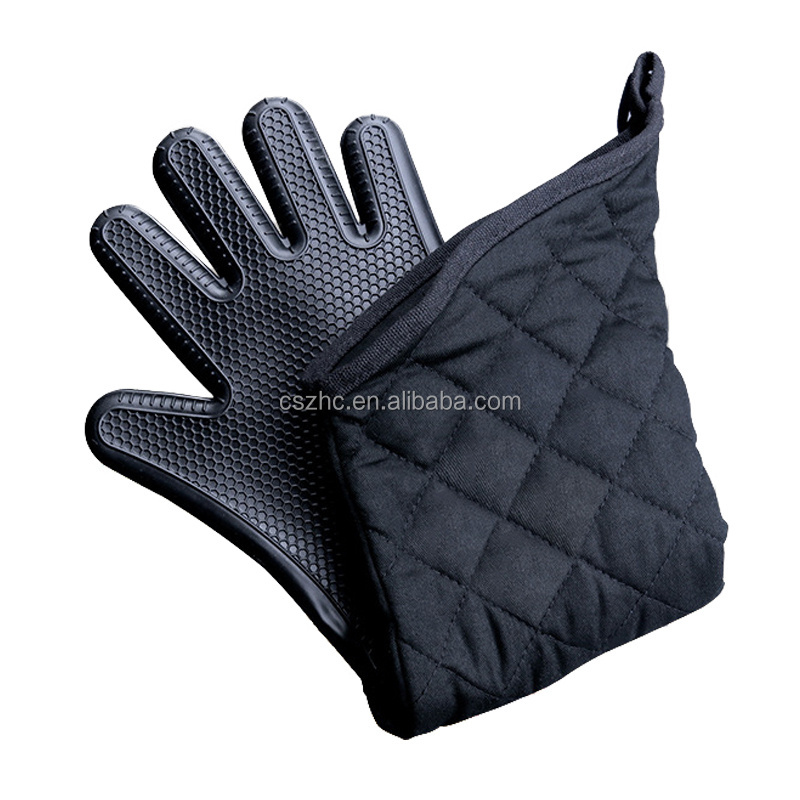 Extra Long 60cm Household BBQ Grill Oven Mitts, Heat Resistant Honeycomb Silicone Cotton Gloves