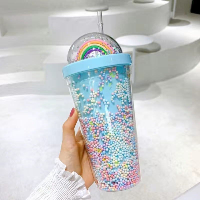 Plastic Cups with Straws and Lids Dishwasher Safe BPA Free Coffee Cup Fun Designs Rainbow juice  Water Cup customization