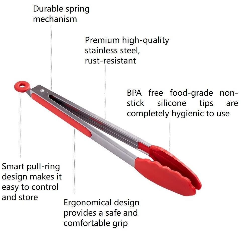 USSE Premium Silicone Kitchen Tongs Stainless Steel with Non-Stick Silicone Tips For Cooking, Serving, Grill, BBQ & Salad