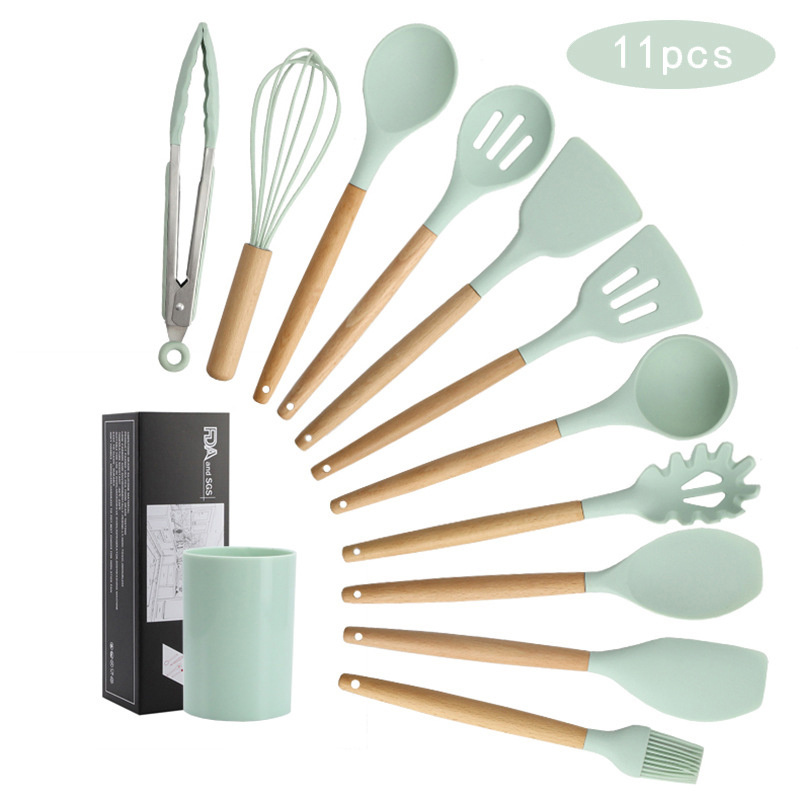 11 pcs Non-Stick Silicone Cooking Kitchen Utensils Spatula Set with Holder, Wooden Handle Silicone Kitchen Gadgets Utensil Set