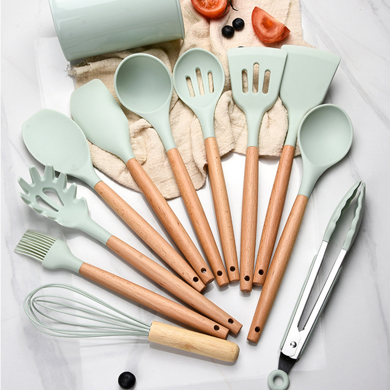 11 pcs Non-Stick Silicone Cooking Kitchen Utensils Spatula Set with Holder, Wooden Handle Silicone Kitchen Gadgets Utensil Set