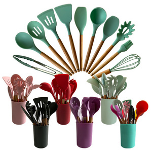 11 pcs Non-Stick Silicone Cooking Kitchen Utensils Spatula Set with Holder, Wooden Handle Silicone Kitchen Gadgets Utensil Set