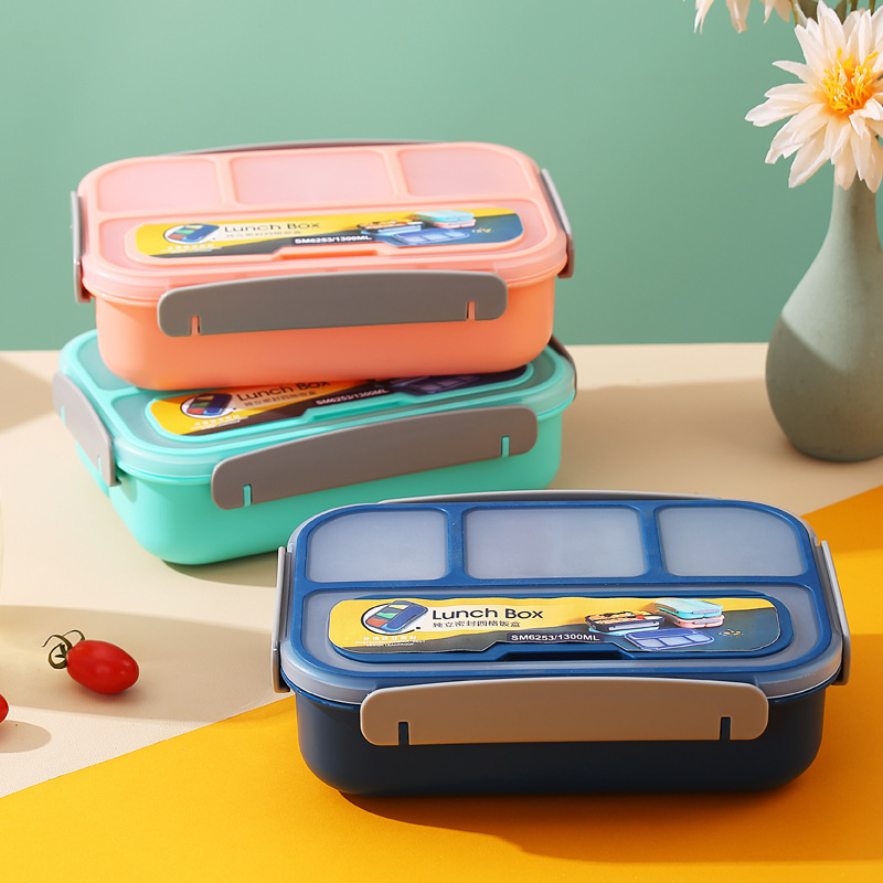 4 Compartment Plastic Office School Lunch Container with Spoon Lunch Box for Kids Bento Box