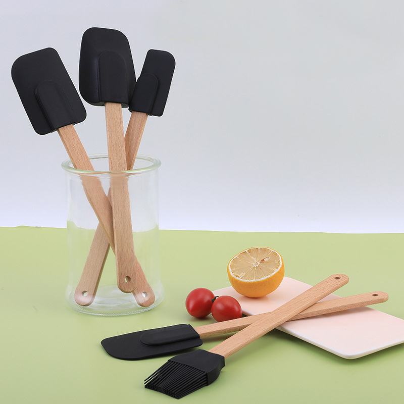 Custom Heat Resistant Kitchen Utensil Tools Wooden Handle Silicone Spatula Set for Cooking Baking