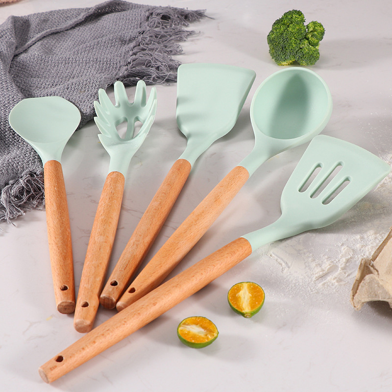 11 pcs Non-Stick Silicone Cooking Kitchen Utensils Spatula Set with Holder, Wooden Handle Silicone Kitchen Gadgets Utensil Set