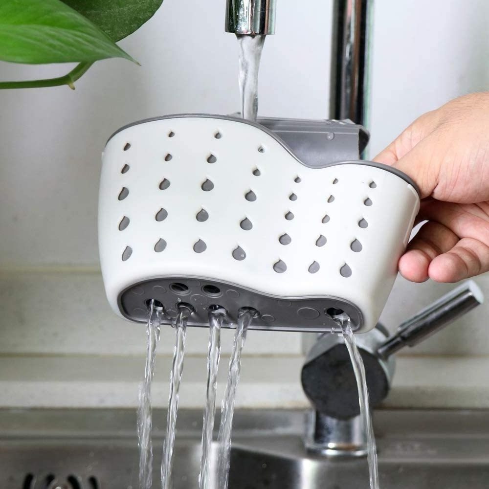 Kitchen Sink Caddy, Silicone Plastic Sponge Soap Holder Hanging, Ajustable Strap Faucet Caddy with Drain Holes for Drying