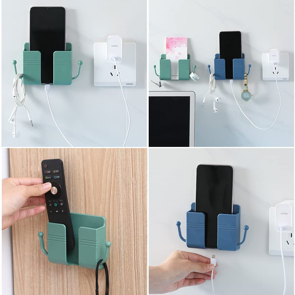 Wall Mount Phone Holder Adhesive Remote Control Mobile Phone Plug Wall Holder with Hooks Organizer Storage Box for Bedroom