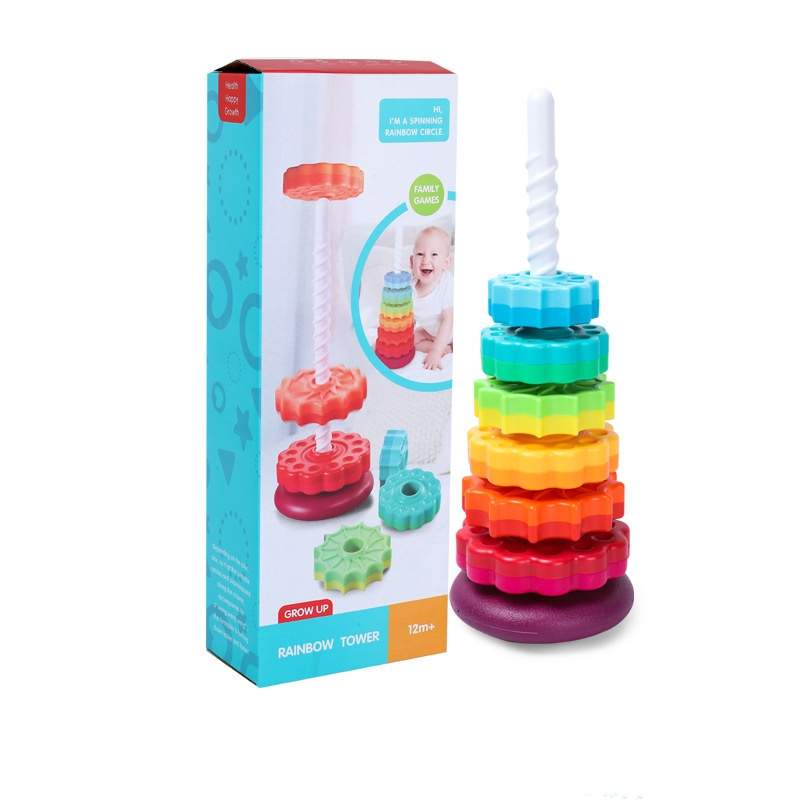 USSE Early childhood education toy rainbow revolving tower ring and toddlers revolving tower toy for 1-2 years old infants