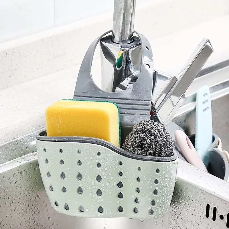 Kitchen Sink Caddy, Silicone Plastic Sponge Soap Holder Hanging, Ajustable Strap Faucet Caddy with Drain Holes for Drying