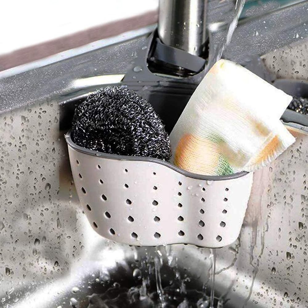 Kitchen Sink Caddy, Silicone Plastic Sponge Soap Holder Hanging, Ajustable Strap Faucet Caddy with Drain Holes for Drying