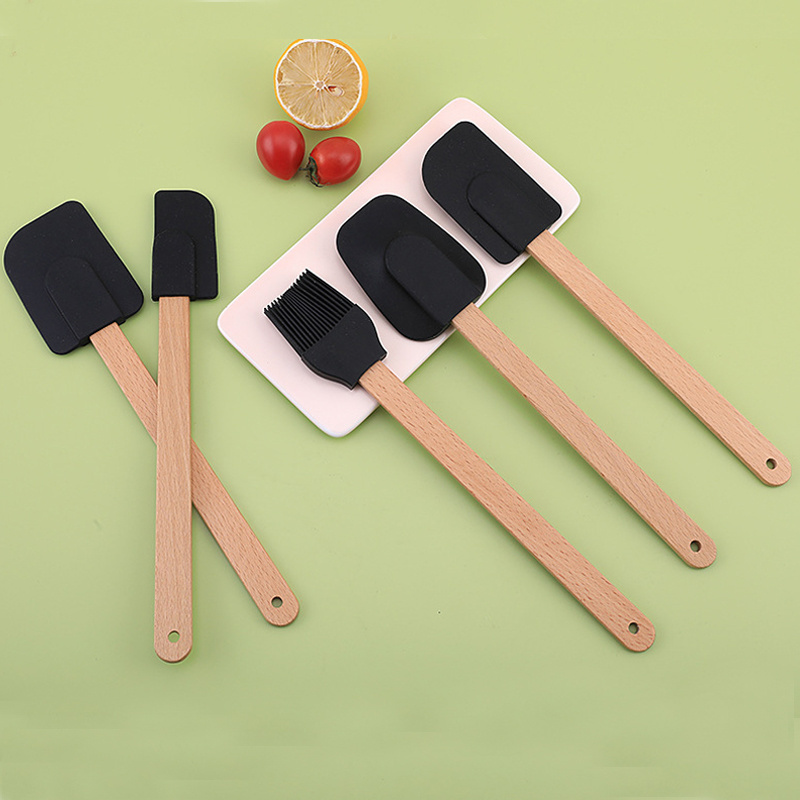 Custom Heat Resistant Kitchen Utensil Tools Wooden Handle Silicone Spatula Set for Cooking Baking