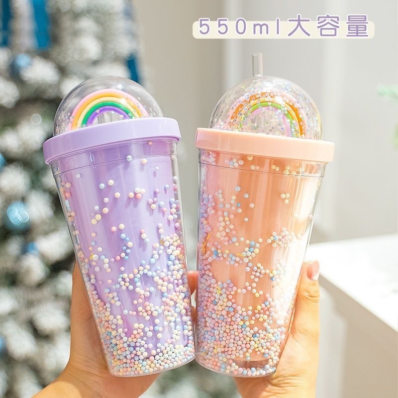 Plastic Cups with Straws and Lids Dishwasher Safe BPA Free Coffee Cup Fun Designs Rainbow juice  Water Cup customization