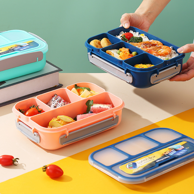 4 Compartment Plastic Office School Lunch Container with Spoon Lunch Box for Kids Bento Box