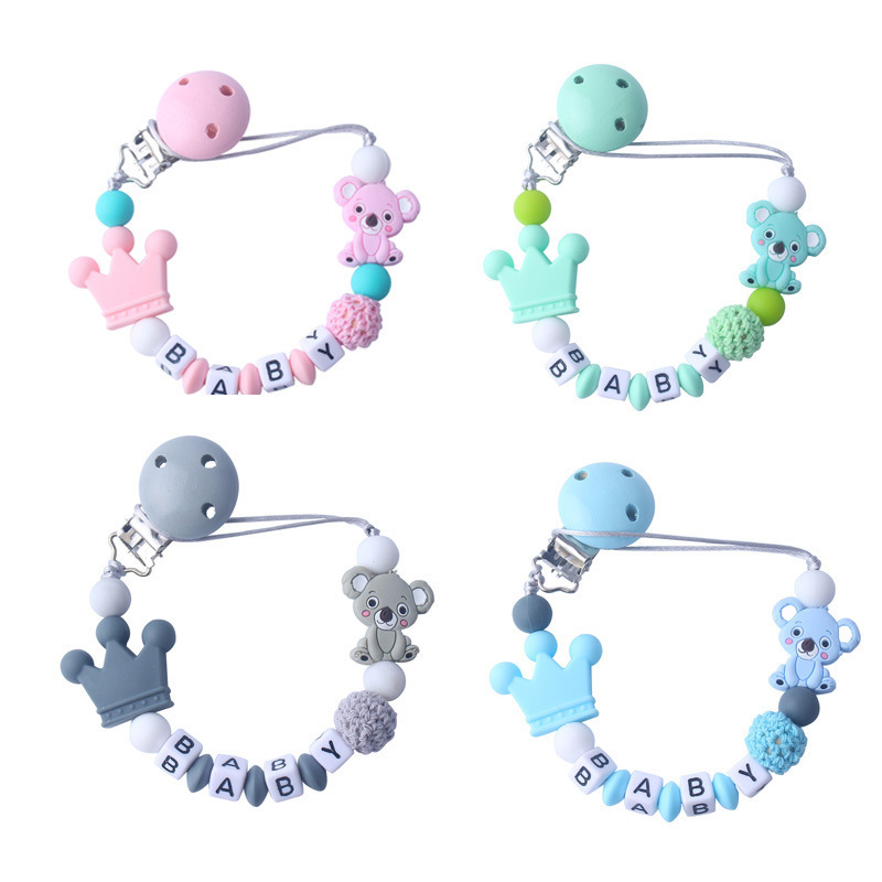 DIY Handmade free personalized name silicone baby pacifier clip silicone crown koala pacifier chain holder baby safe teethin